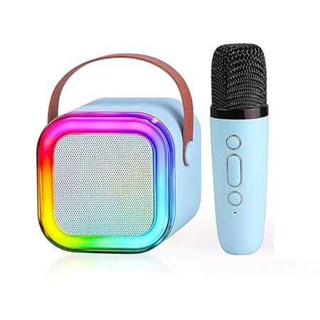 Colorful Bluetooth speaker with a retro design and multicolored finish, accompanied by a matching karaoke microphone. Ideal for house parties, birthday gifts, and events. The speaker features Bluetooth connectivity, an AI voice changer, and a portable, mini size for easy use and transport.