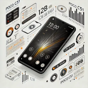 DALL·E 2025 01 09 12.52.35 A detailed representation of the POCO C51 smartphone in black. The phone is shown with its sleek design a bright large display and high resolution